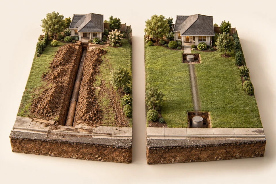Two planted land tiles compare a long open-cut corridor with an otherwise intact lawn and compact access openings, illustrating different surface disturbance footprints.