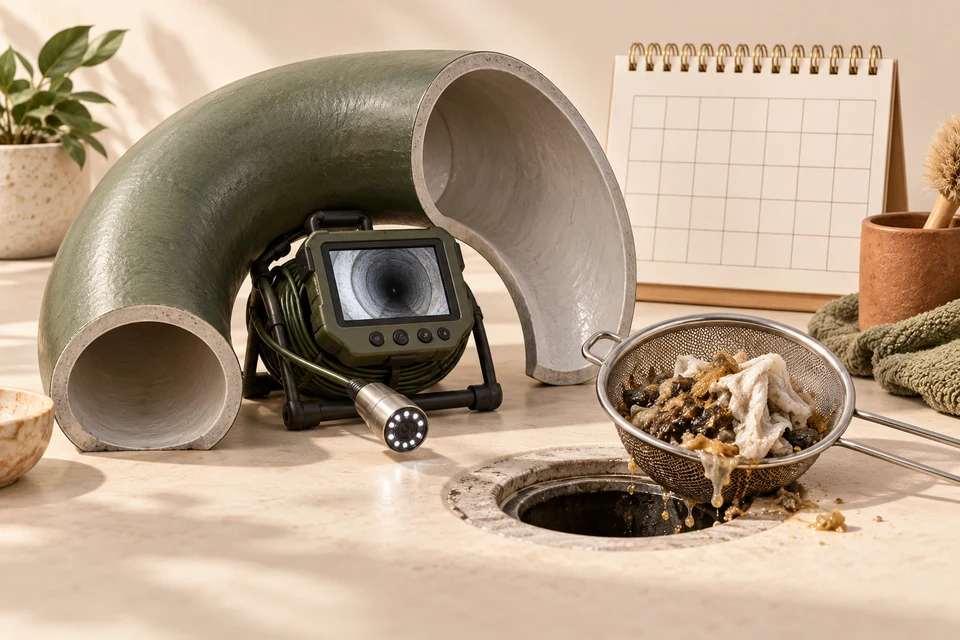 A smooth sewer specimen curves around an inspection camera, drain screen and blank maintenance calendar, illustrating monitoring and thoughtful use of a new line.