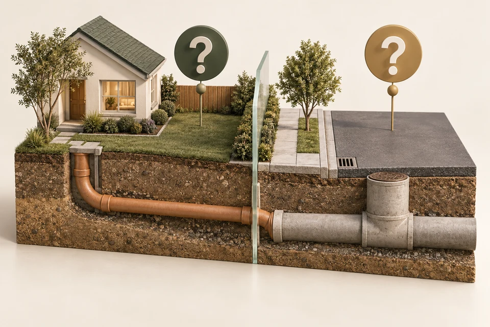 A residential parcel meets a street sewer main across a translucent boundary marker, with separate inquiry markers illustrating the need to confirm local responsibility.