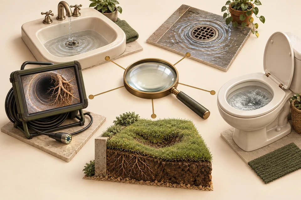 Five household clues surround a magnifying lens: a sink, drain ripple, root finding, lawn depression and toilet bowl, presented as observations requiring investigation.