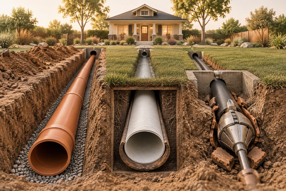 Three separate ground specimens show an open trench, a lined host pipe and a bursting arrangement, comparing distinct mechanics rather than interchangeable repair options.