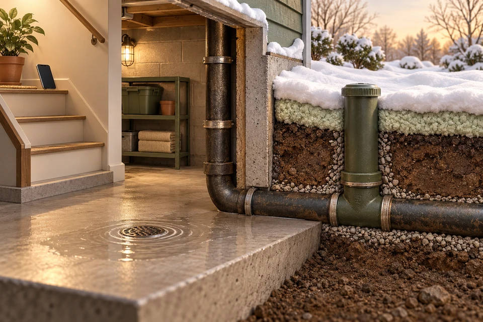 A winter basement cutaway pairs a floor-drain warning ripple with snow-covered exterior ground, a cleanout and a phone resting on a dry stair landing.