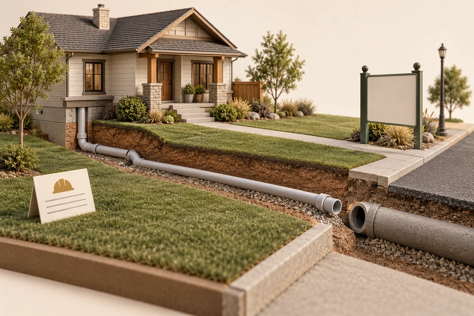A prairie neighbourhood miniature places a house-side sewer lateral beside a blank inquiry panel and permit card, emphasizing confirmation of the street-side boundary.