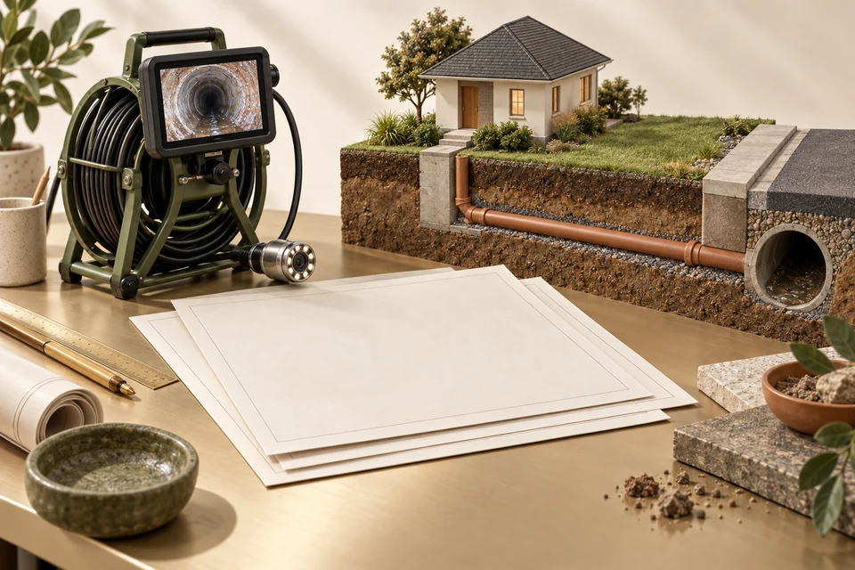 Blank approval papers, a pipe-camera reel and a small house-to-boundary lateral specimen sit on a drafting table, illustrating evidence and permit-scope questions.
