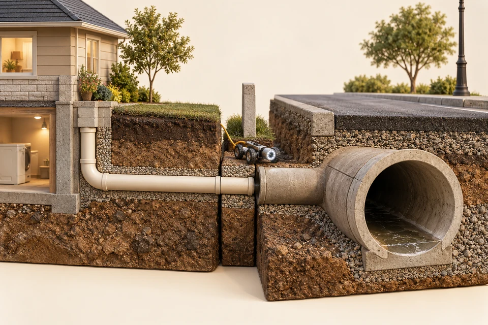 Separate home-foundation and street-main infrastructure modules meet beside a property-boundary marker and inspection camera, illustrating coordination between distinct parts of the service.