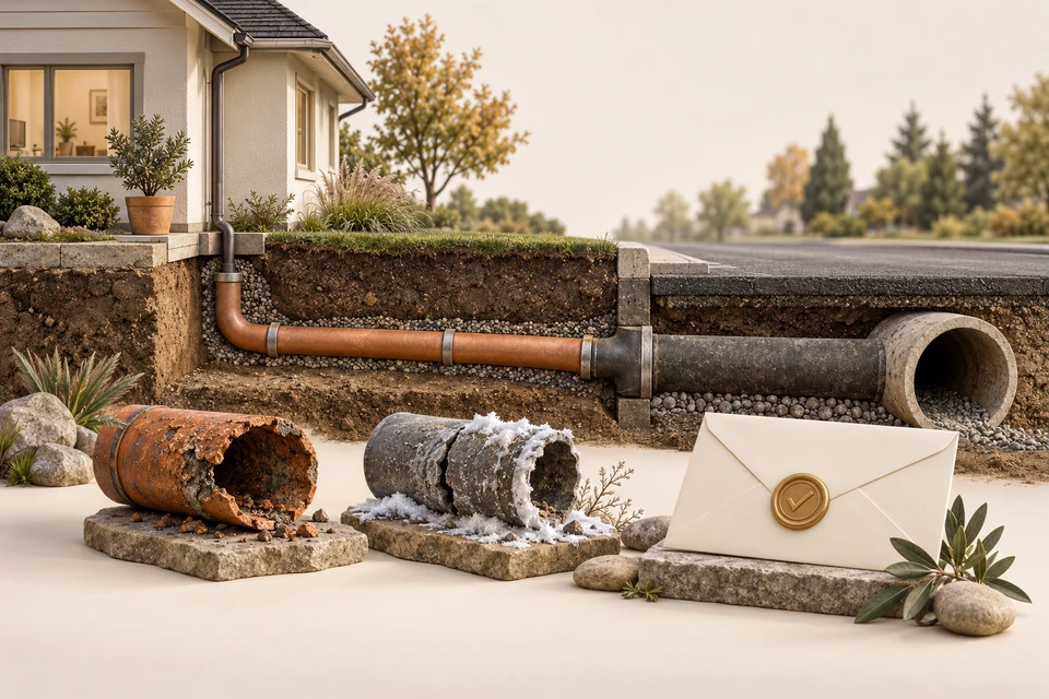 House-side and street-side sewer segments sit beside material specimens and a blank approval envelope, illustrating exceptions and written confirmation of a proposed scope.