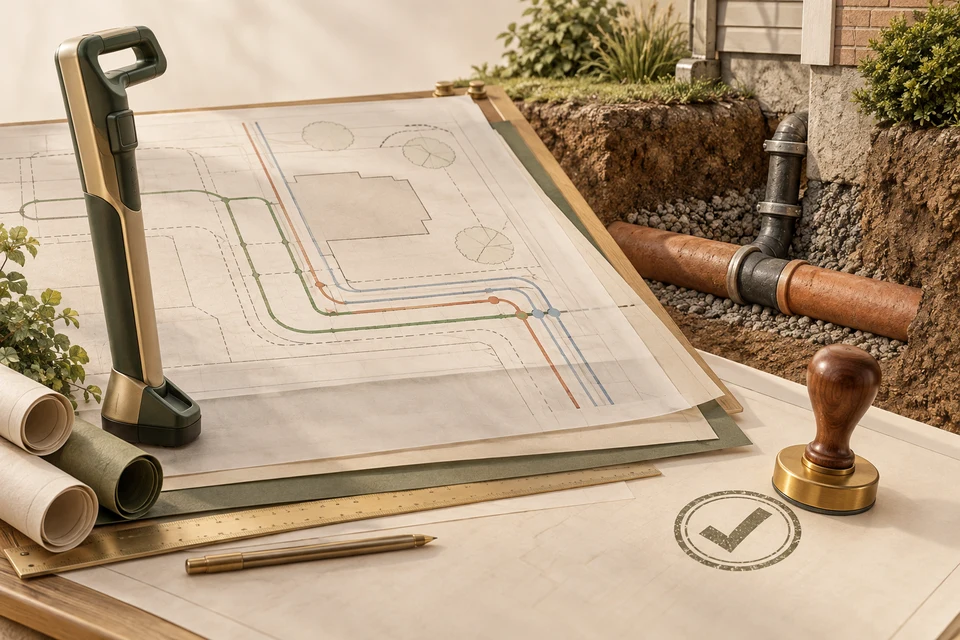 An unlabelled route drawing, locate probe, exposed service connection and blank approval stamp share a drafting board, illustrating confirmation before changing a service.