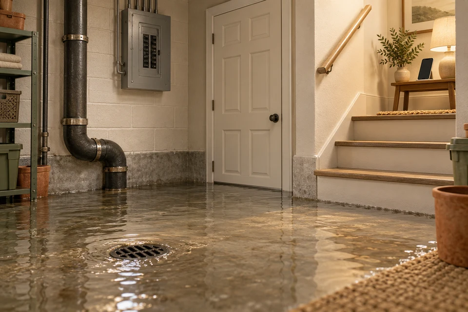 A basement drain with shallow surrounding water sits below a dry stair landing and phone, while an electrical panel remains separate from the wet area.