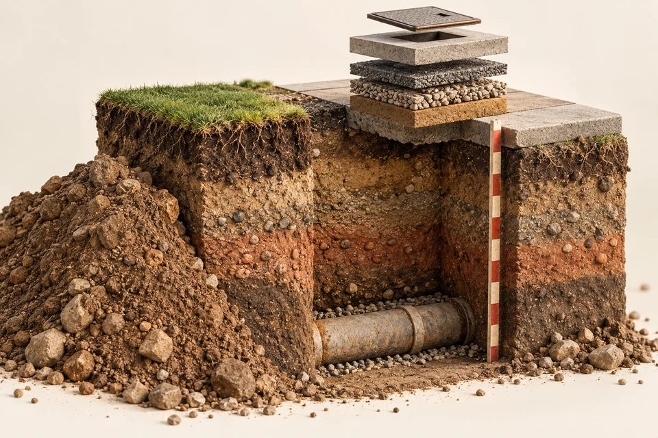 A layered soil core, deep sewer section, restoration slabs, access hatch and measuring staff illustrate how depth, access and reinstatement contribute to replacement scope.