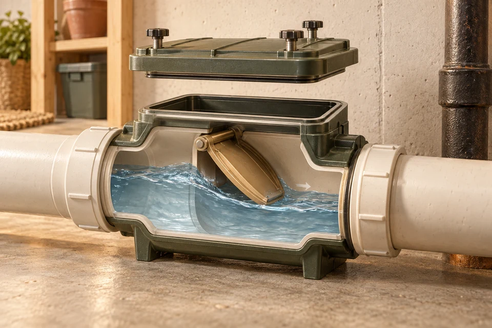 A cutaway sewer backwater-valve housing reveals its hinged flap and removable inspection lid, with clear access around the valve and gentle water below.
