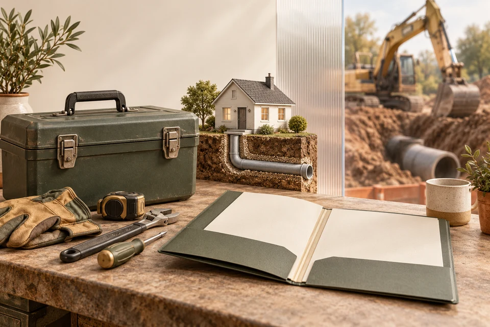 A closed homeowner tool kit, blank permit folder and small drain model sit apart from excavation equipment, illustrating the need to establish permitted work and assistance.