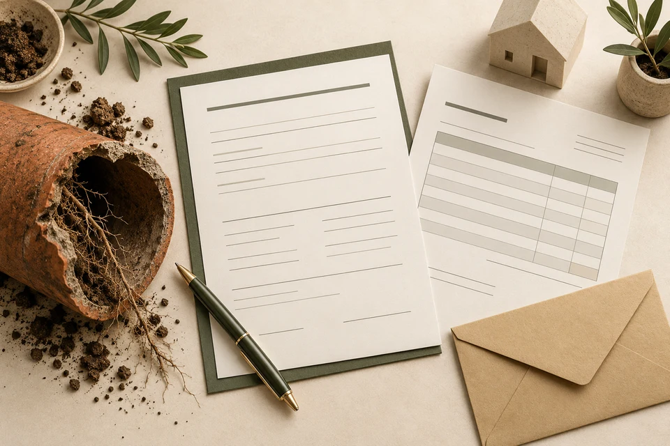 An insurance document, itemized invoice, damaged pipe ring and separate envelope form a paper-and-material still life about coverage, claims and payment scope.