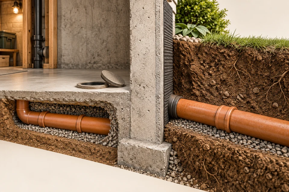 A foundation-wall cutaway separates a drain beneath the basement slab from a buried exterior lateral, showing different access openings and surrounding restoration surfaces.