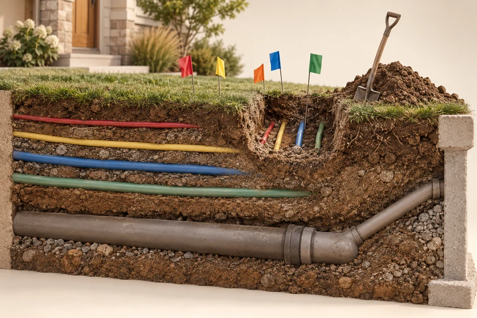 A ground cross-section separates coloured utility corridors from a sewer lateral, while locate flags and a small test-hole specimen illustrate verification of actual positions.