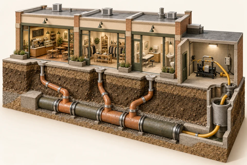 A commercial-building cutaway shows several tenant branches entering a larger shared sewer trunk, with a service-access room and separate temporary-flow planning equipment.
