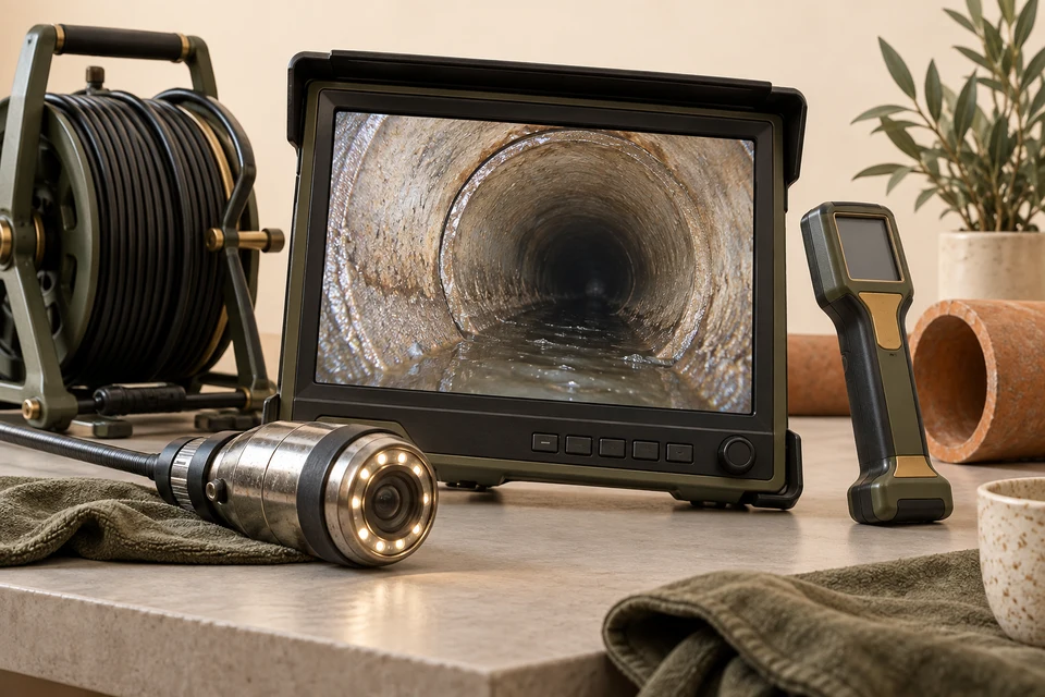 A camera monitor displays a sewer joint beside an inspection head, distance reel and locate receiver, illustrating the recording and location evidence to request.