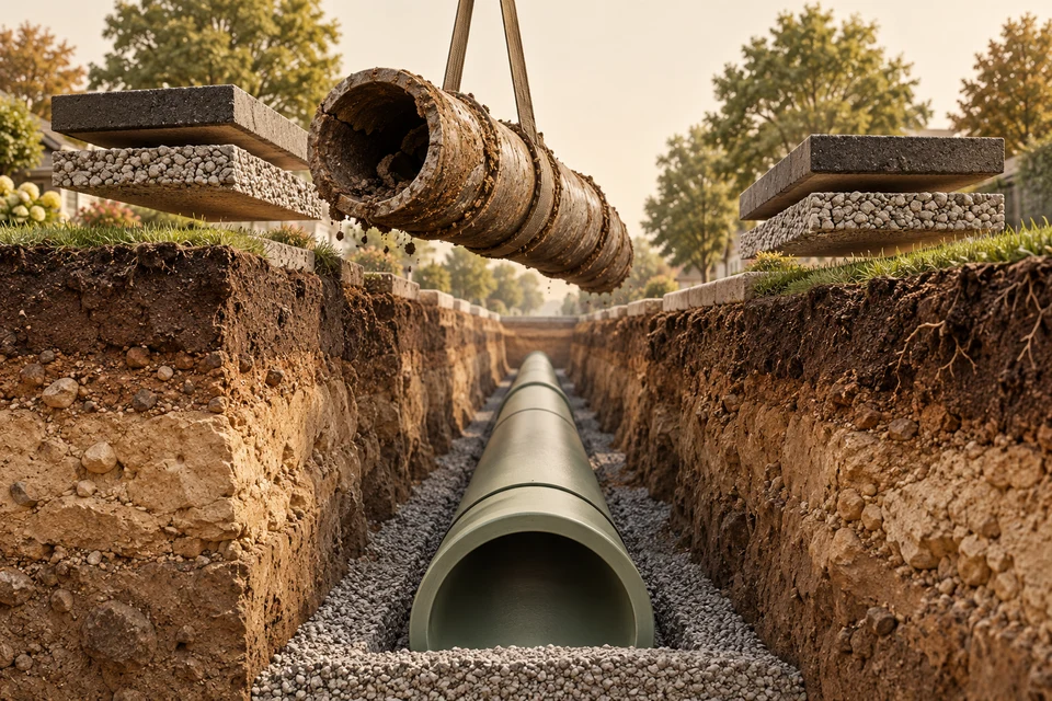 An open-cut corridor shows an old segmented pipe lifted above a replacement pipe, with separate soil layers and paving slabs illustrating excavation and reinstatement.
