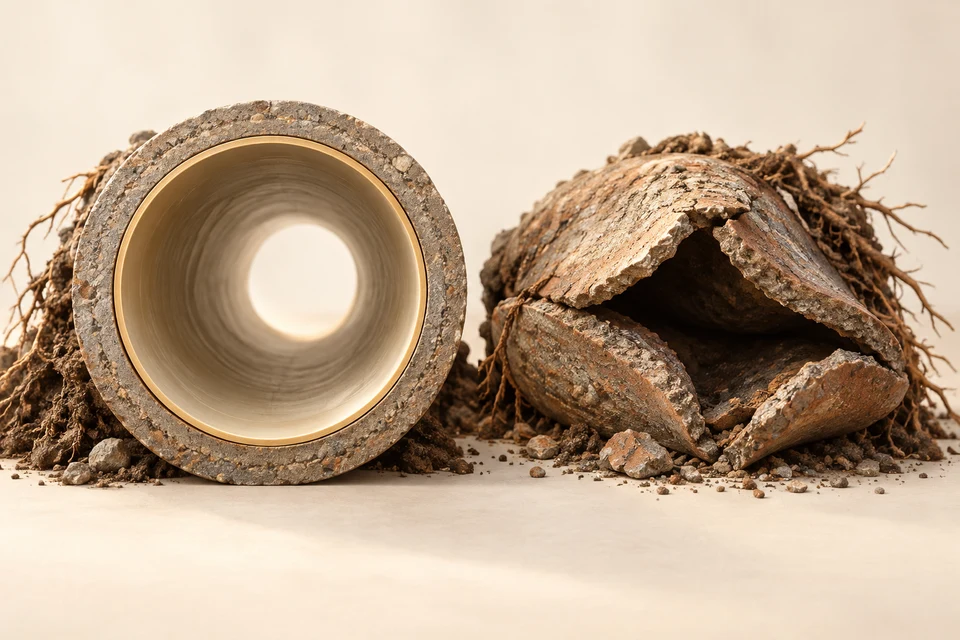 An intact round host pipe with an inner lining sits beside a crushed specimen, illustrating why pipe condition and passability determine whether lining remains suitable.
