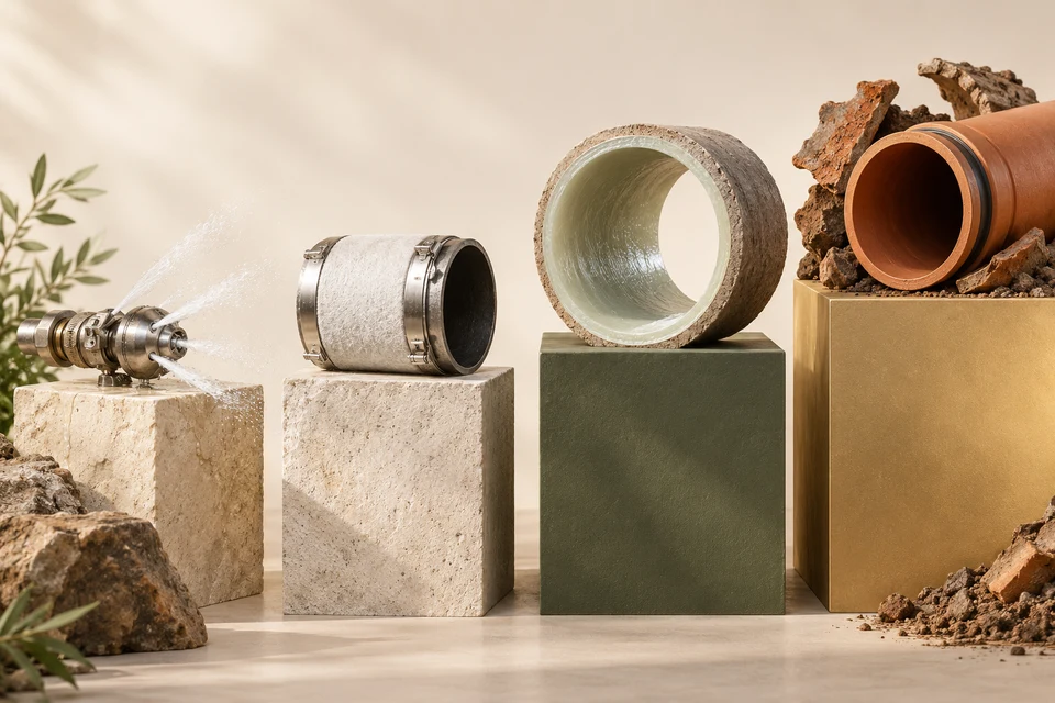 A cleaning nozzle, short repair sleeve, lined host ring and replacement-pipe specimen sit at different heights, presenting distinct interventions to compare against inspection evidence.