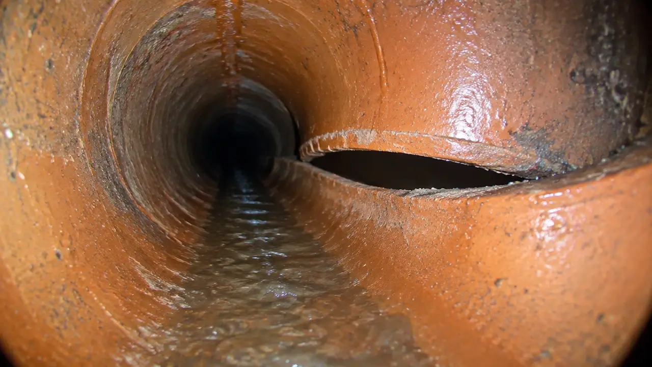 Sewer camera view of an offset joint in a clay pipe